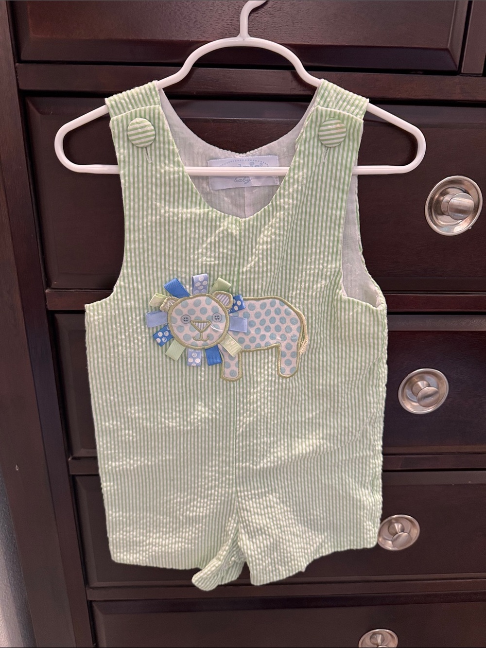 Mud Pie Green and White Striped Baby Romper with Lion Detail